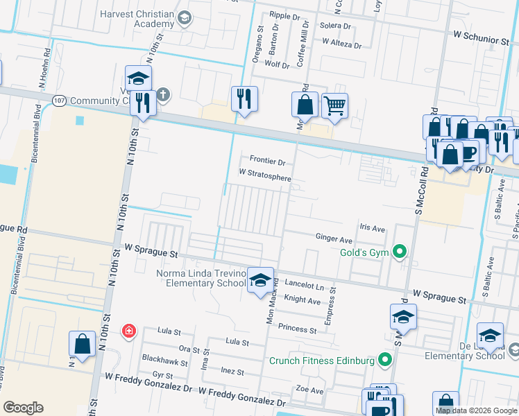 map of restaurants, bars, coffee shops, grocery stores, and more near 406 Downing Avenue in Edinburg