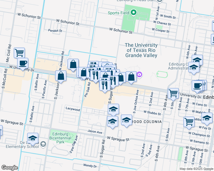map of restaurants, bars, coffee shops, grocery stores, and more near 1601 West University Drive in Edinburg
