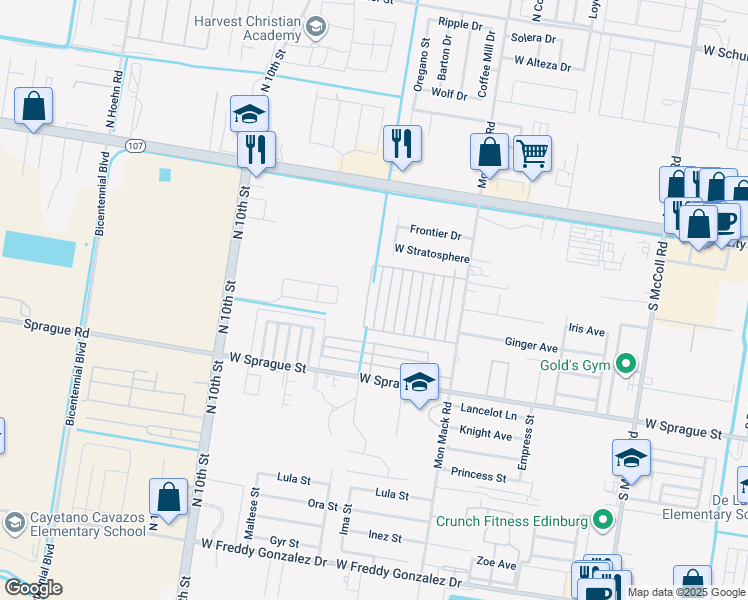 map of restaurants, bars, coffee shops, grocery stores, and more near 410 Peabody Avenue in Edinburg