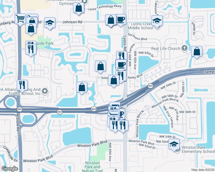 map of restaurants, bars, coffee shops, grocery stores, and more near 4702 Northwest 59th Manor in Coconut Creek