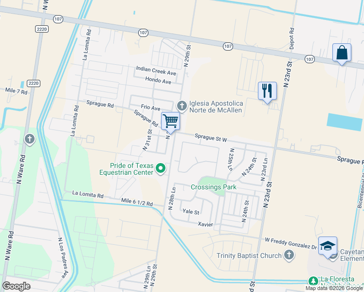 map of restaurants, bars, coffee shops, grocery stores, and more near 2708 Denton Creek Avenue in McAllen