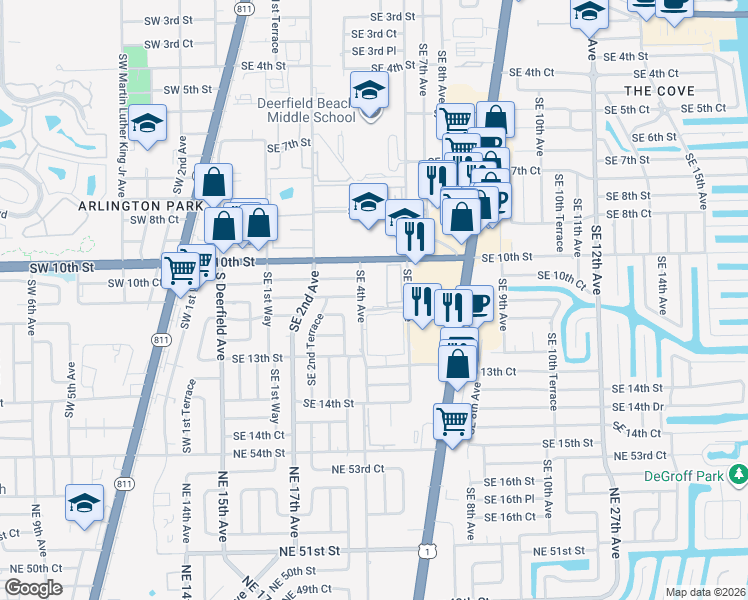 map of restaurants, bars, coffee shops, grocery stores, and more near 1040 Southeast 4th Avenue in Deerfield Beach