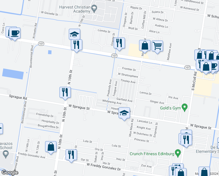 map of restaurants, bars, coffee shops, grocery stores, and more near 410 Peabody Avenue in Edinburg