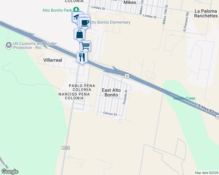 map of restaurants, bars, coffee shops, grocery stores, and more near 639 Pasco Street in Rio Grande City