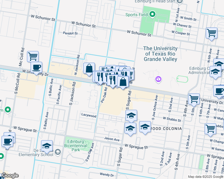 map of restaurants, bars, coffee shops, grocery stores, and more near 1712 West University Drive in Edinburg