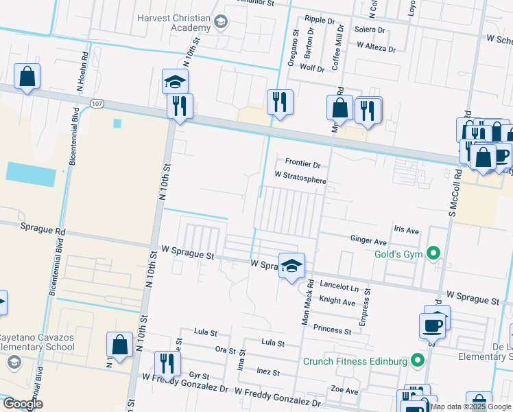 map of restaurants, bars, coffee shops, grocery stores, and more near Peabody Ave in Edinburg