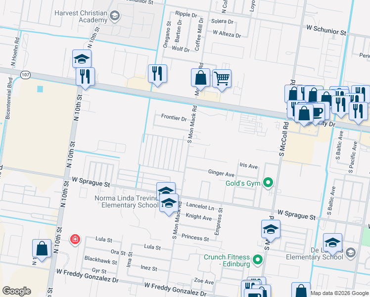 map of restaurants, bars, coffee shops, grocery stores, and more near 401 Newport Avenue in Edinburg