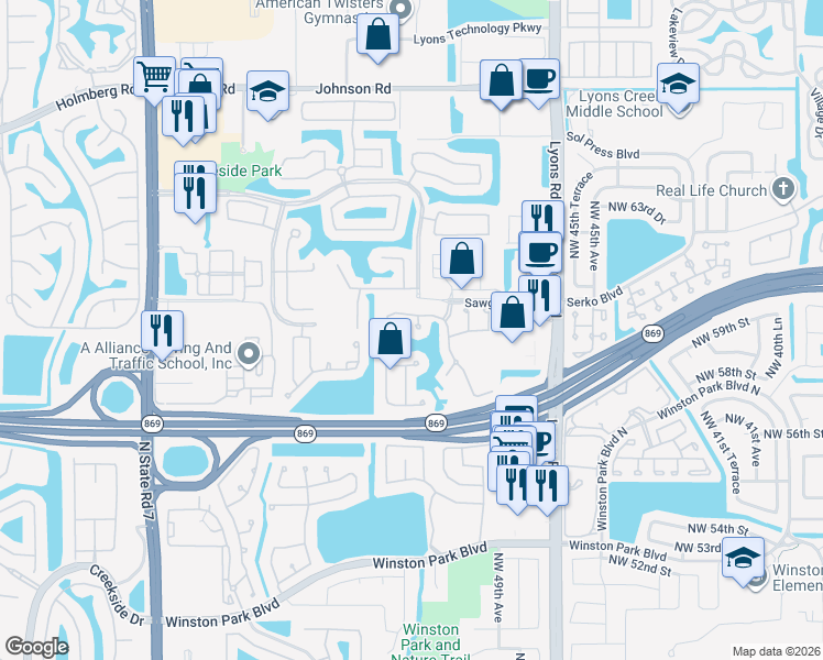 map of restaurants, bars, coffee shops, grocery stores, and more near 5896 Northwest 48th Lane in Coconut Creek