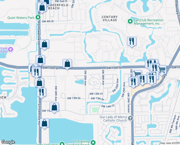 map of restaurants, bars, coffee shops, grocery stores, and more near 2913 Waterford Drive North in Deerfield Beach