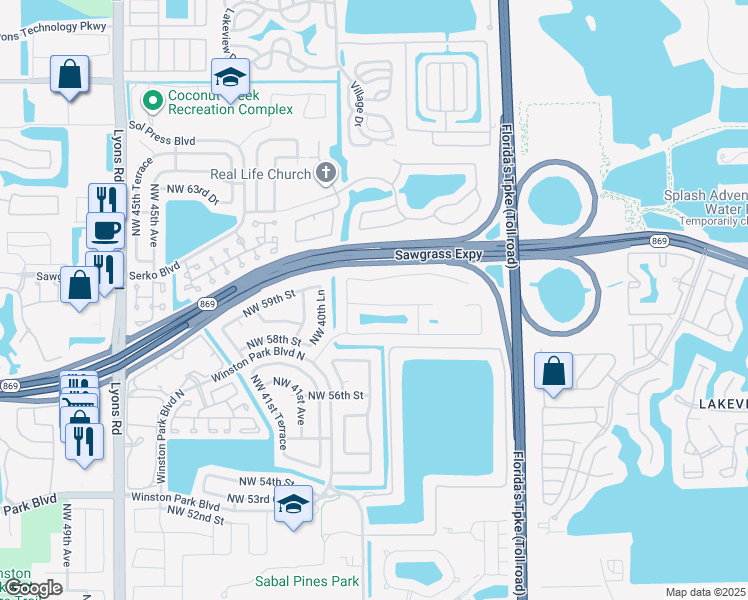 map of restaurants, bars, coffee shops, grocery stores, and more near 3853 Northwest 59th Street in Coconut Creek