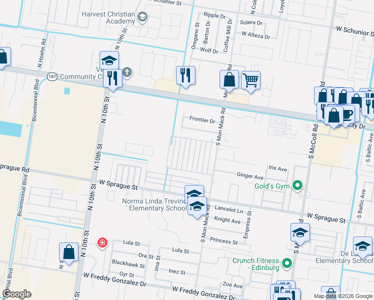 map of restaurants, bars, coffee shops, grocery stores, and more near 406 Downing Avenue in Edinburg