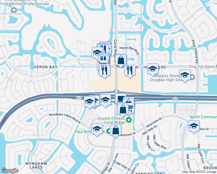 map of restaurants, bars, coffee shops, grocery stores, and more near 5810 Coral Ridge Drive in Coral Springs
