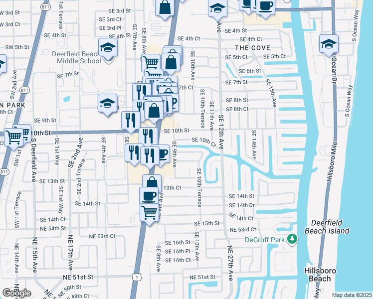 map of restaurants, bars, coffee shops, grocery stores, and more near 906 Southeast 10th Court in Deerfield Beach