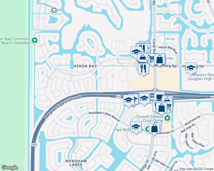 map of restaurants, bars, coffee shops, grocery stores, and more near 5771 Northwest 119th Drive in Coral Springs