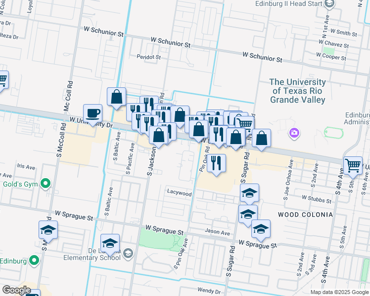map of restaurants, bars, coffee shops, grocery stores, and more near 2018 West University Drive in Edinburg