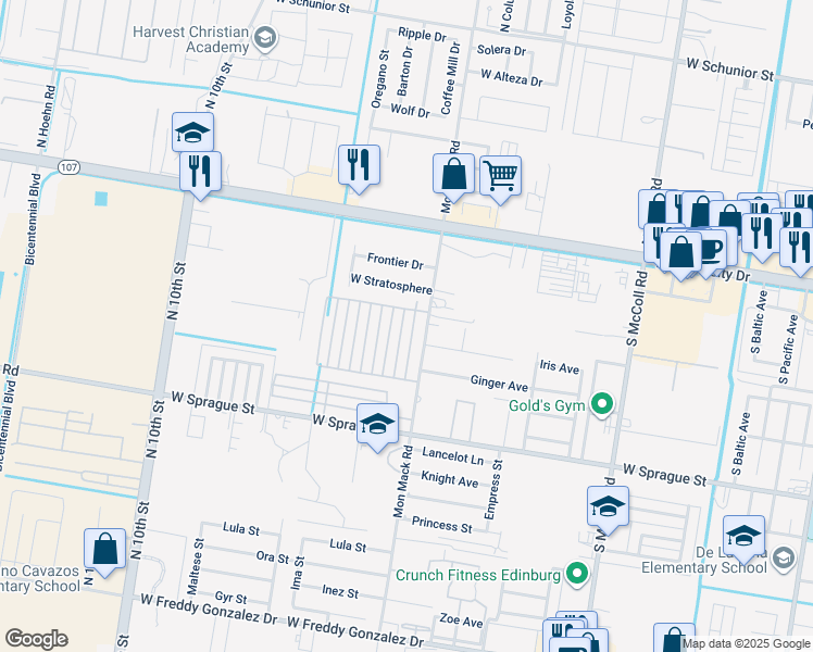 map of restaurants, bars, coffee shops, grocery stores, and more near 401 Newport Avenue in Edinburg