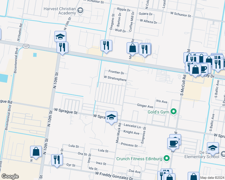 map of restaurants, bars, coffee shops, grocery stores, and more near 406 Downing Avenue in Edinburg