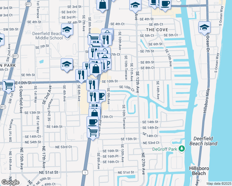 map of restaurants, bars, coffee shops, grocery stores, and more near 906 Southeast 10th Court in Deerfield Beach