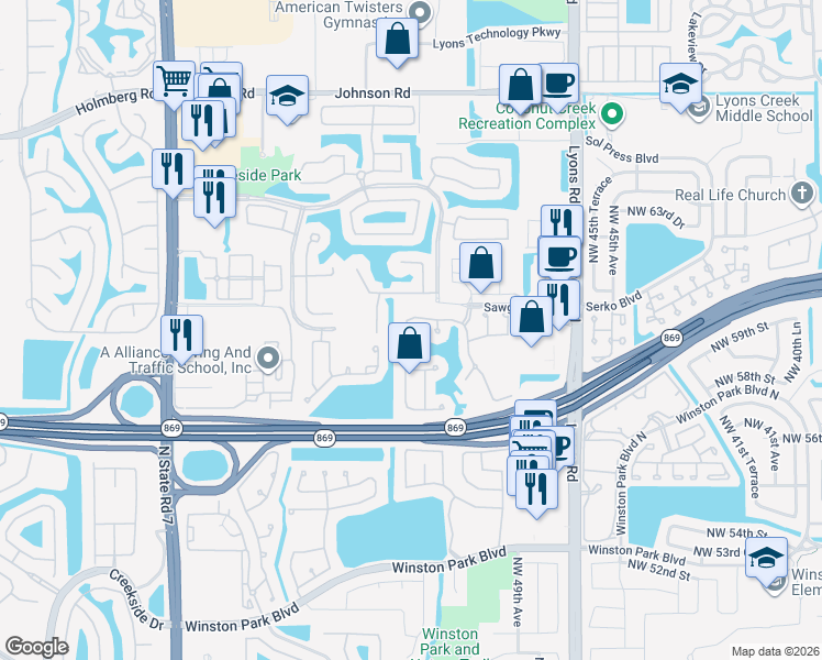 map of restaurants, bars, coffee shops, grocery stores, and more near 7499 Northwest 49th Lane in Coconut Creek