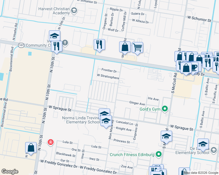 map of restaurants, bars, coffee shops, grocery stores, and more near 401 Newport Avenue in Edinburg