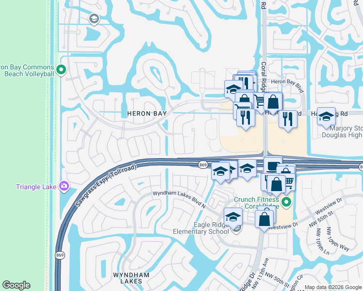 map of restaurants, bars, coffee shops, grocery stores, and more near 5742 Northwest 119th Drive in Coral Springs