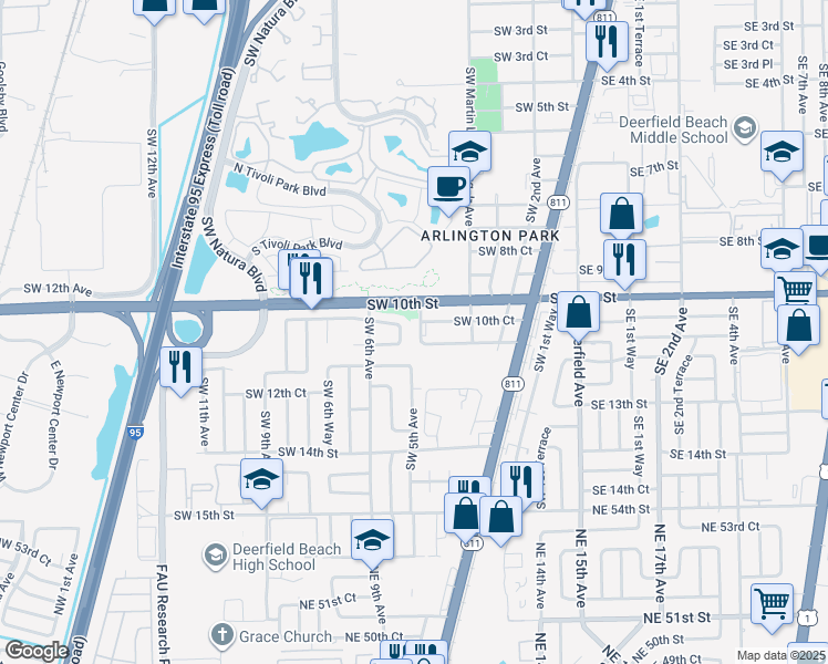 map of restaurants, bars, coffee shops, grocery stores, and more near 500 Southwest 10th Court in Deerfield Beach