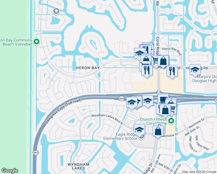 map of restaurants, bars, coffee shops, grocery stores, and more near 5771 Northwest 119th Drive in Coral Springs