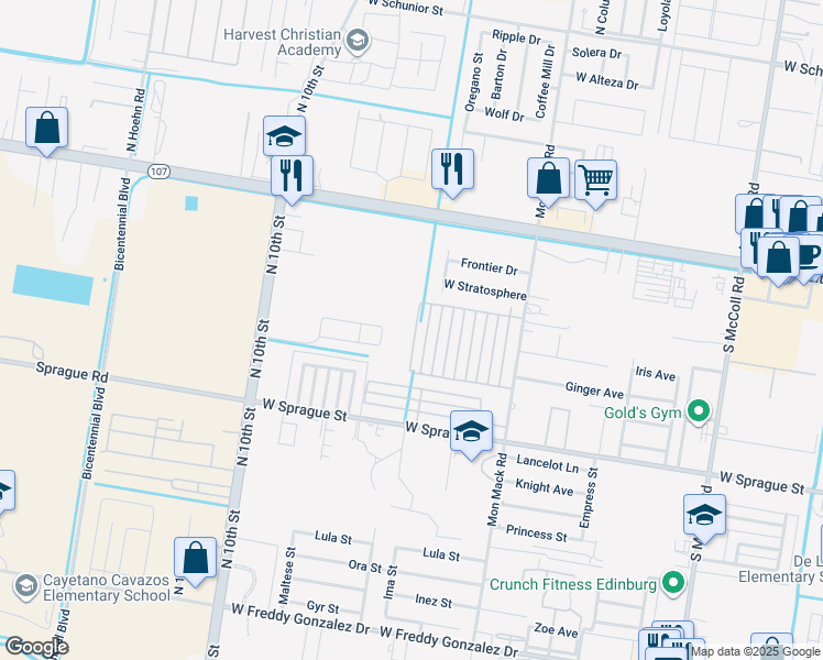 map of restaurants, bars, coffee shops, grocery stores, and more near 410 Peabody Avenue in Edinburg