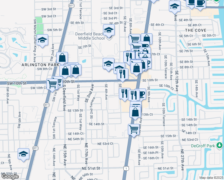 map of restaurants, bars, coffee shops, grocery stores, and more near 1040 Southeast 4th Avenue in Deerfield Beach