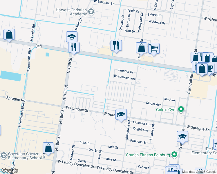 map of restaurants, bars, coffee shops, grocery stores, and more near 410 Peabody Avenue in Edinburg