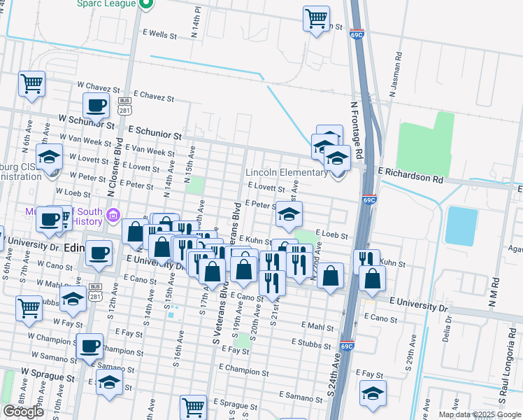 map of restaurants, bars, coffee shops, grocery stores, and more near 906 E Peter St in Edinburg