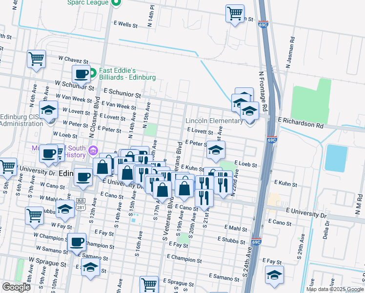 map of restaurants, bars, coffee shops, grocery stores, and more near 424 North 18th Avenue in Edinburg