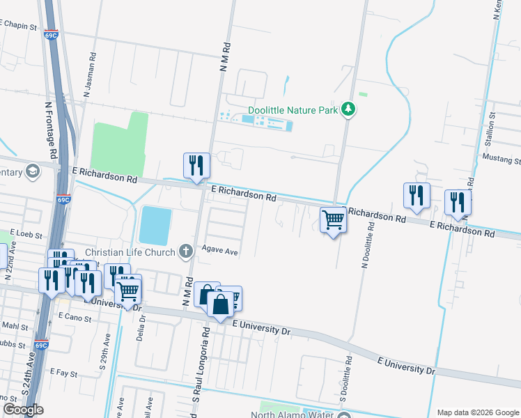 map of restaurants, bars, coffee shops, grocery stores, and more near 716 Bougainvillea Avenue in Edinburg