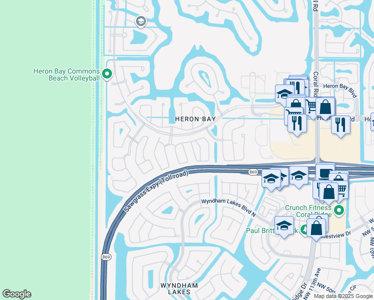 map of restaurants, bars, coffee shops, grocery stores, and more near 5821 Northwest 122nd Way in Coral Springs