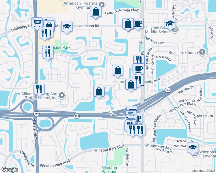 map of restaurants, bars, coffee shops, grocery stores, and more near 5896 Northwest 48th Lane in Coconut Creek