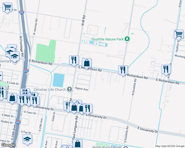 map of restaurants, bars, coffee shops, grocery stores, and more near 716 Bougainvillea Avenue in Edinburg