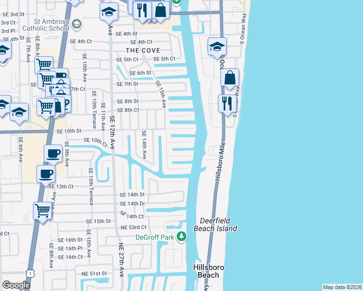map of restaurants, bars, coffee shops, grocery stores, and more near 1514 Southeast 11th Street in Deerfield Beach