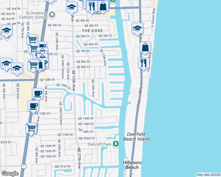 map of restaurants, bars, coffee shops, grocery stores, and more near 1514 Southeast 11th Street in Deerfield Beach