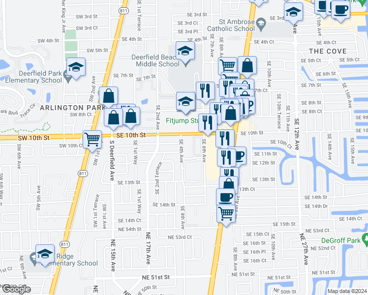 map of restaurants, bars, coffee shops, grocery stores, and more near 1040 Southeast 4th Avenue in Deerfield Beach