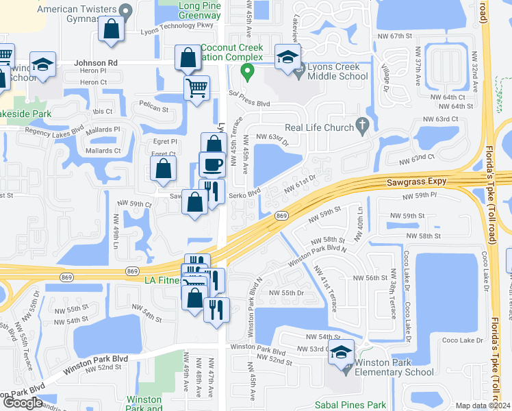 map of restaurants, bars, coffee shops, grocery stores, and more near 6071 Northwest 44th Lane in Coconut Creek