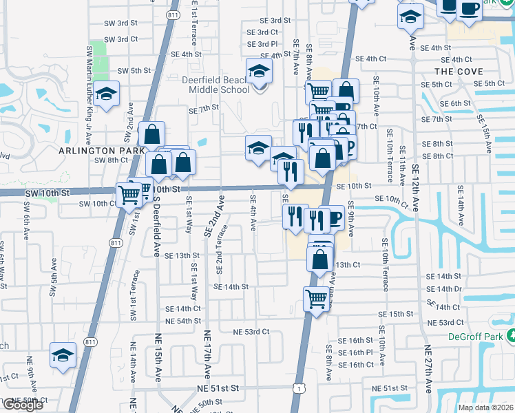 map of restaurants, bars, coffee shops, grocery stores, and more near 1040 Southeast 4th Avenue in Deerfield Beach