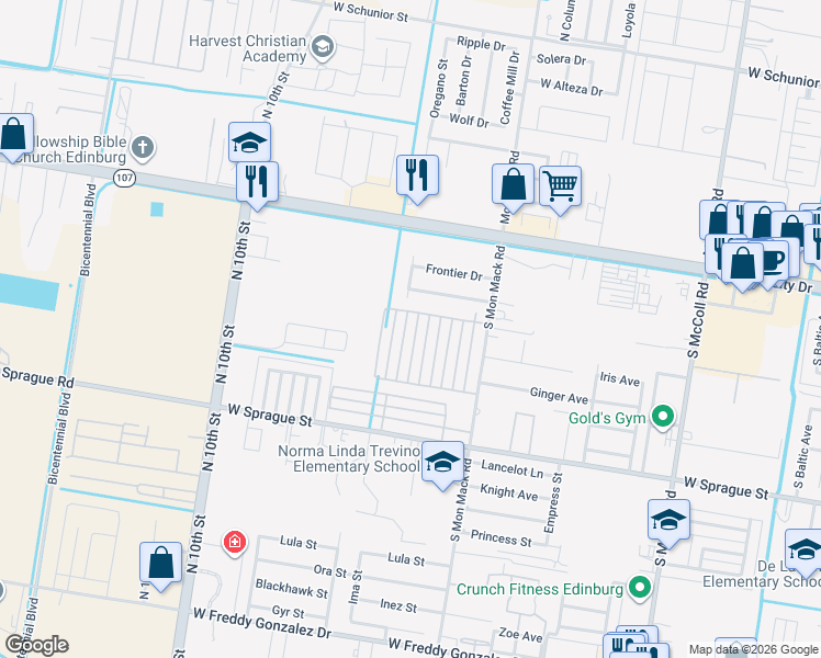 map of restaurants, bars, coffee shops, grocery stores, and more near 410 Peabody Avenue in Edinburg