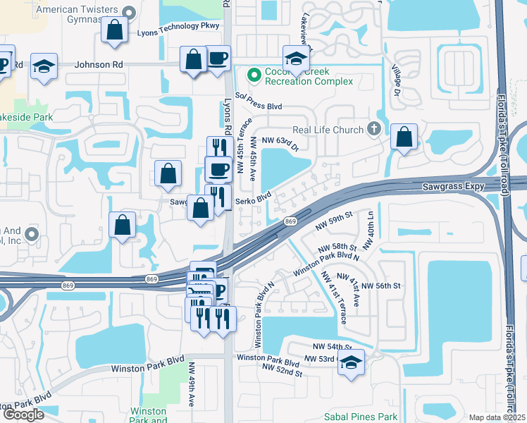 map of restaurants, bars, coffee shops, grocery stores, and more near 6071 Northwest 44th Lane in Coconut Creek