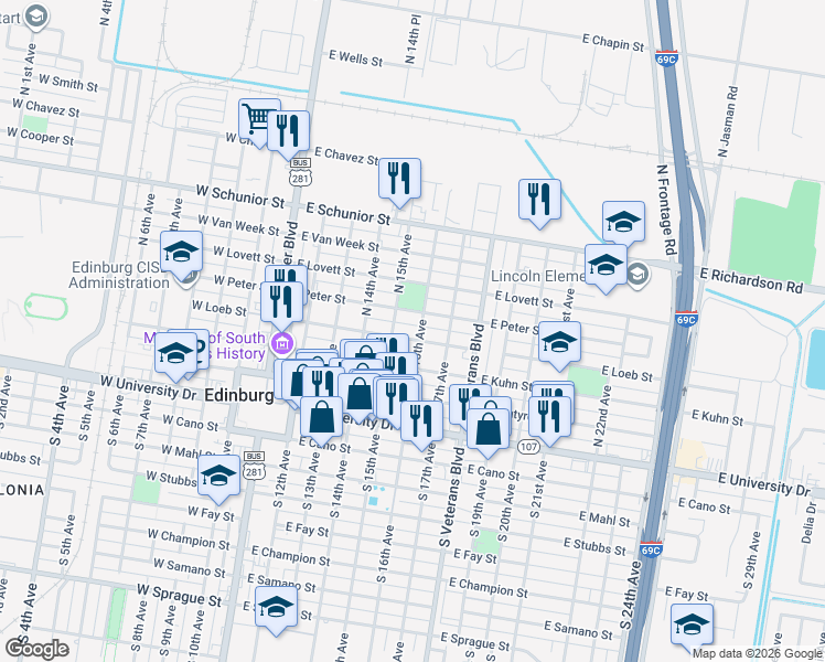 map of restaurants, bars, coffee shops, grocery stores, and more near 505 East Loeb Street in Edinburg