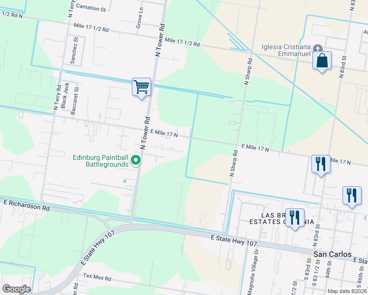 map of restaurants, bars, coffee shops, grocery stores, and more near 7205 Escondido Lane in Edinburg