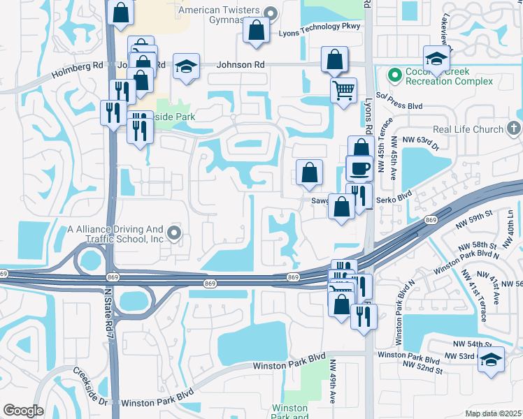 map of restaurants, bars, coffee shops, grocery stores, and more near 7499 Northwest 49th Lane in Coconut Creek