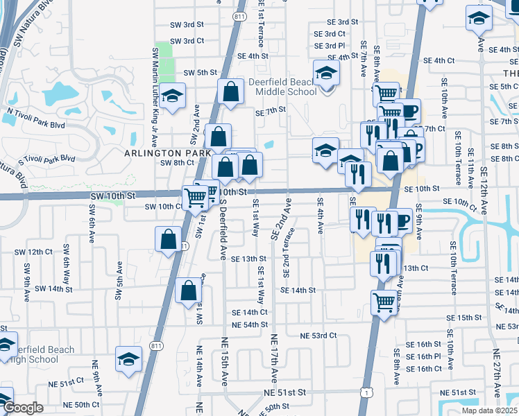 map of restaurants, bars, coffee shops, grocery stores, and more near 118 Southeast 10th Court in Deerfield Beach
