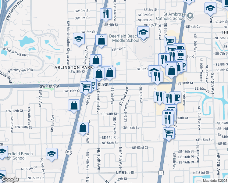 map of restaurants, bars, coffee shops, grocery stores, and more near 118 Southeast 10th Court in Deerfield Beach