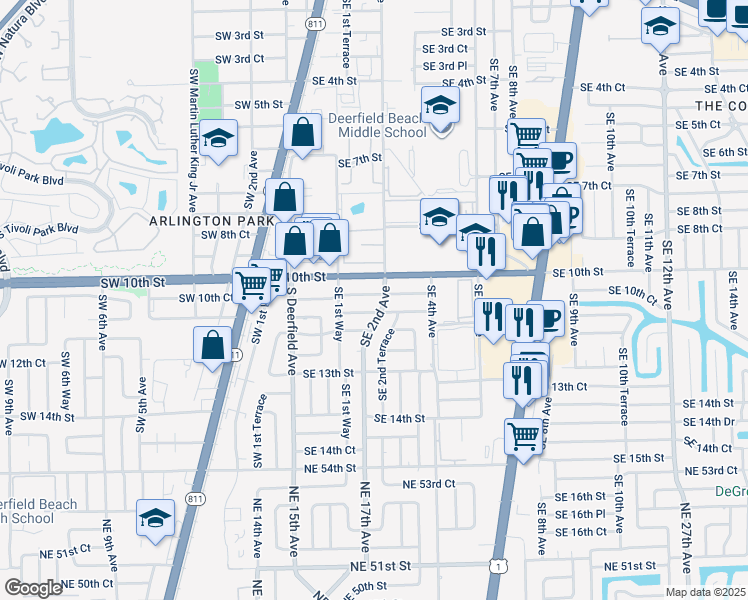 map of restaurants, bars, coffee shops, grocery stores, and more near 192 Southeast 10th Court in Deerfield Beach