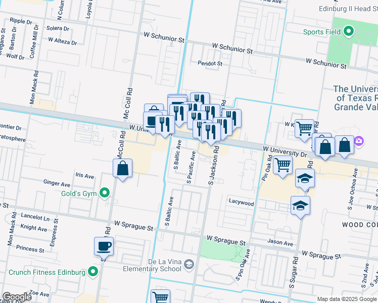 map of restaurants, bars, coffee shops, grocery stores, and more near 201 Pacific Avenue in Edinburg